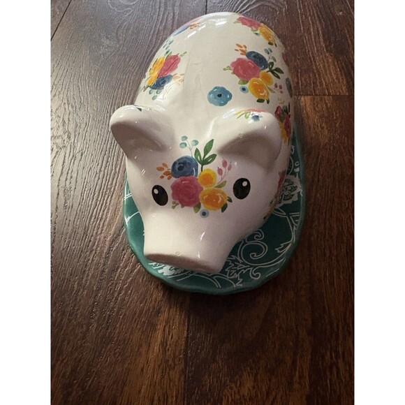 Pig Butter Dish Ceramic Floral Pig Covered Butter Dish Paisley and Flowers - Picture 2 of 6